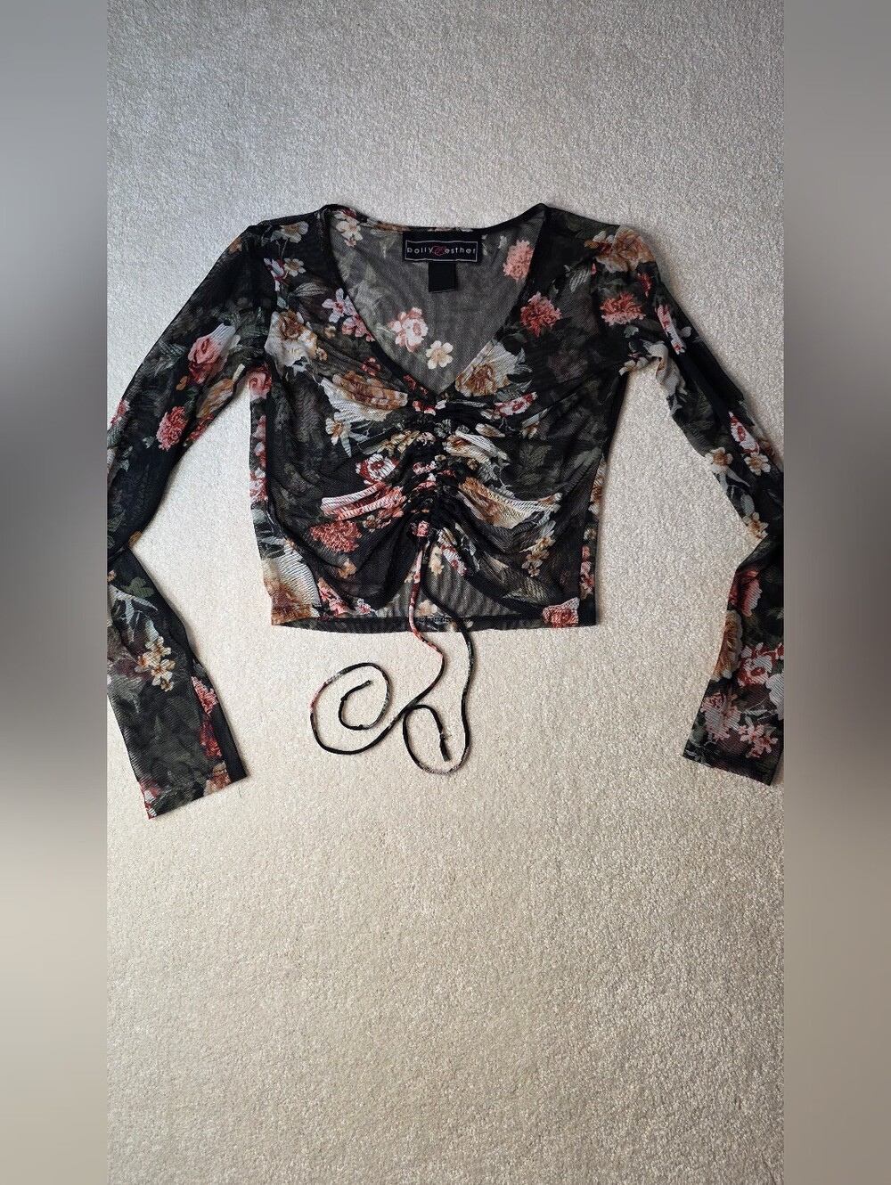 Romantic Goth Feminine Sheer Mesh Floral Boho Long Sleeve Top Size S